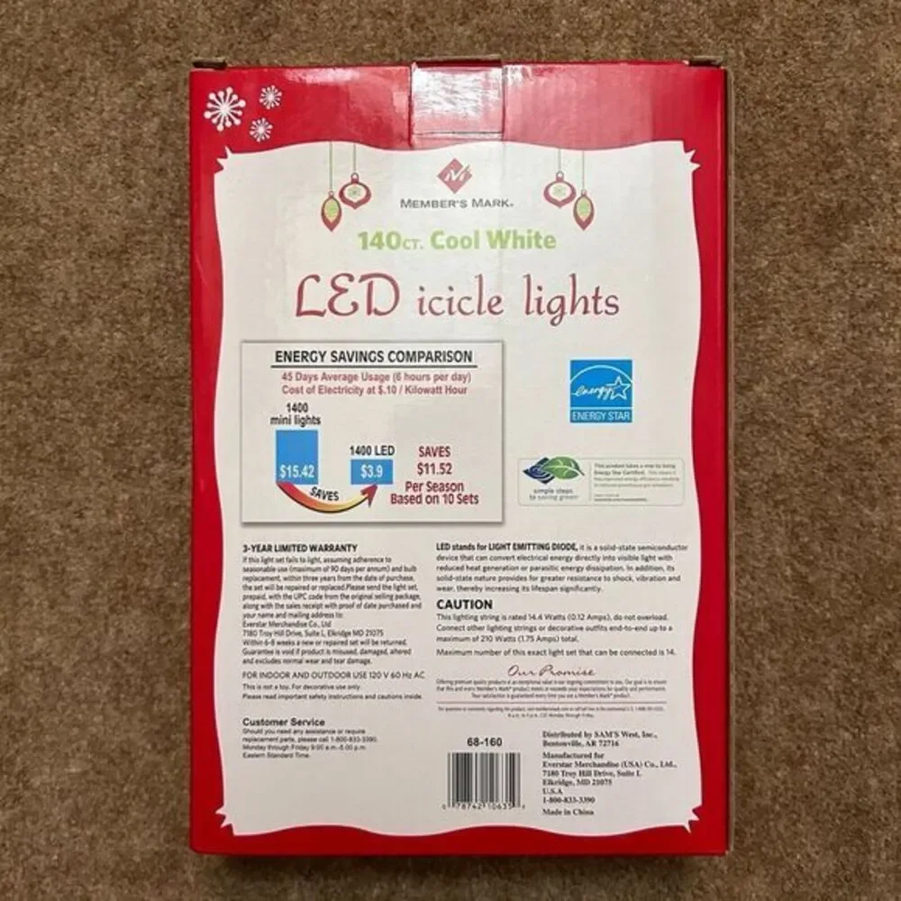 Member's Mark LED Icicle Lights, Cool White (140 Count) 18ft Random‎ Twinkling